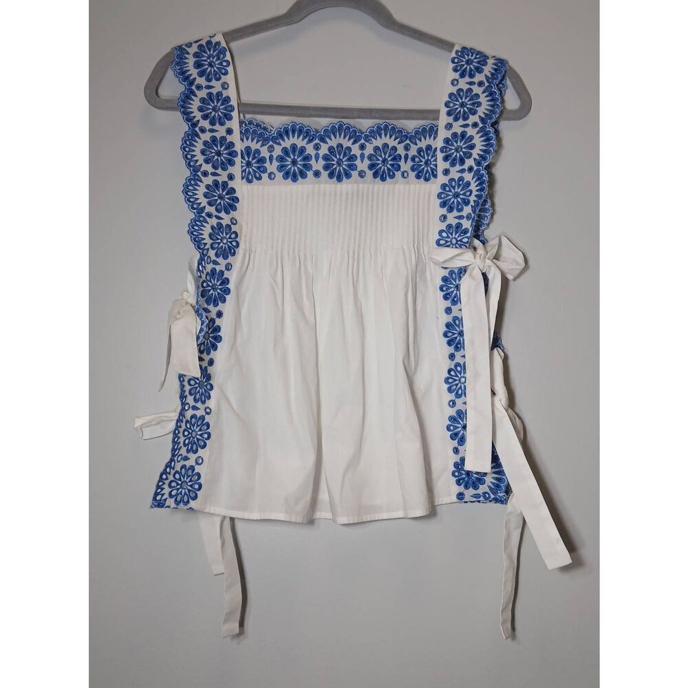 Pinnacle womens small square neck apron shirt top boxy blue white